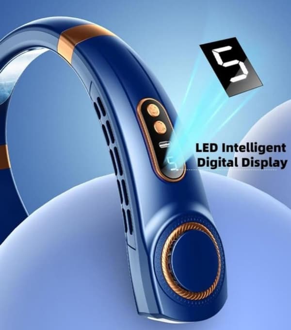 Halsventilator med LED-display, bladløst design, 5 hastigheder, USB-C genopladelig, 1800mAh, til udendørs aktiviteter og løb, blå