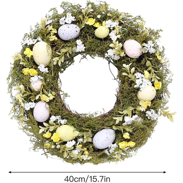 Påskkrans - 39cm - Påskäggskrans till ytterdörren - Vårkrans med blandade blommor, kvistar och pastellägg - juldekoration på väggarna