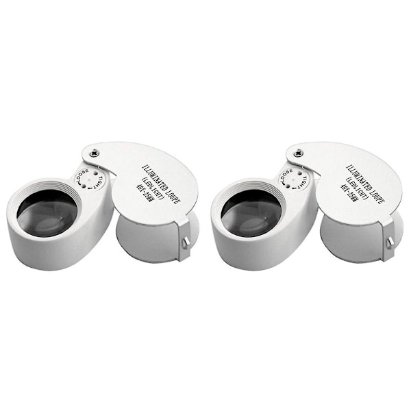 2 kpl Kannettava Taitettava 40x 25mm Metalli Valkoinen LED-Valoinen Luppi Korujen Suurennuslasi 2pcs