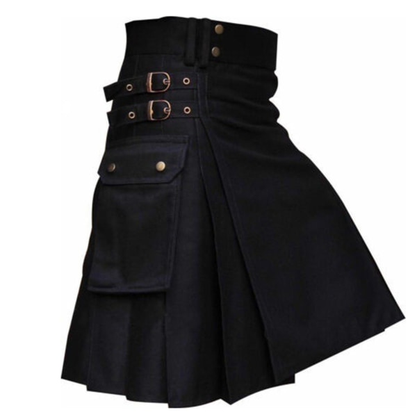 Herr ny sommar skotsk kjol Pocket Pläd, kontrastsömmar Plisserad kjol Herr ShortXLBlack Black XL