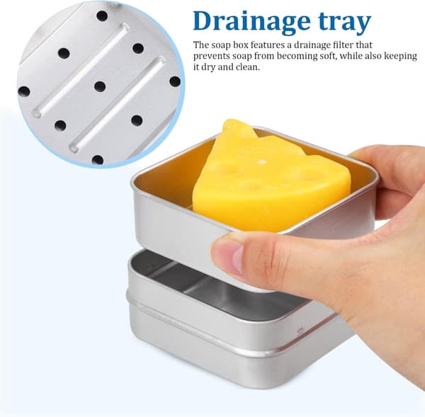 Kompakt resetvålkopp i aluminium med lock och dräneringsbricka för badrum, gym och utomhusbruk, silver, 2-pack, 8 x 8 x 3,9 cm