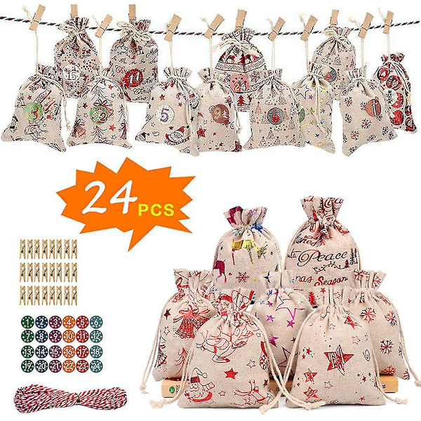 1 Sæt Julegaveposer 24 Dages Nedtælling Adventskalender Klistermærke Hamptov og Klips DIY Ferie