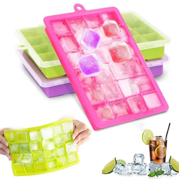 Iskuber med lock, 3-pack (grön + lila + rosa) silikoniskubskal flexibla och lätta att lösa 24 iskubsformer Bpa-fria