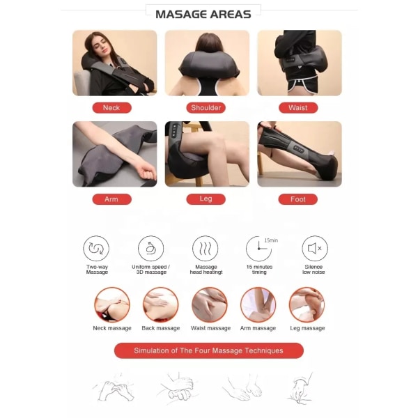 Nakke- og ryggmassasjeapparat med beroligende varme, elektrisk dypvev 3D eltemassasjepute for skulder, ben, kroppsmuskler