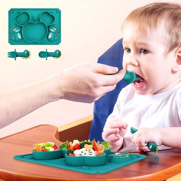 Baby i silikon porslin Baby bordstablett med sked och gaffel Bärbara tallrikar Sugplatta för diskmaskin och mikrovågsugn