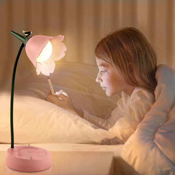 LED-skrivebordslampe til børn med 3 farvetemperaturer, berøringssensor, dæmpning, fleksibel svanehals, USB genopladelig blomsterlæselampe til studie, soveværelse, lyserød
