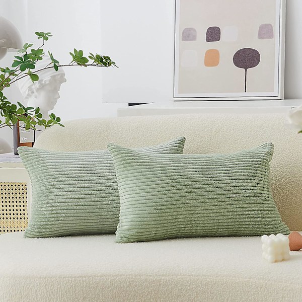 Lændepudebetræk 2-pak Dekorative Stribede Corduroy Rektangulære Pudebetræk Aflange Pudebetræk Til Sofa Salviegrøn 12 x 20 Tommer Sage Green 12 x 20 Inch