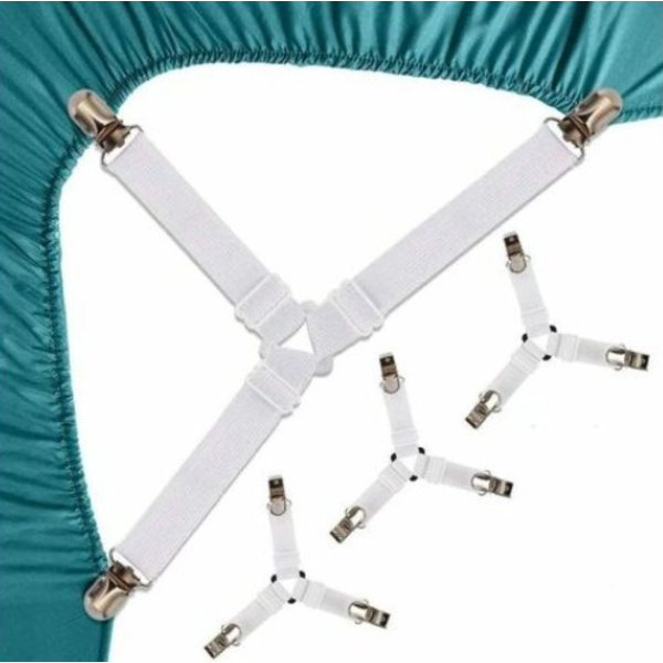 Hvide 4 stk. Sengelinnedstropper Trekant Fastgørelse Elastisk Madras Holder Justerbar Sengelinned Spænding Suspenders Madrasstropper