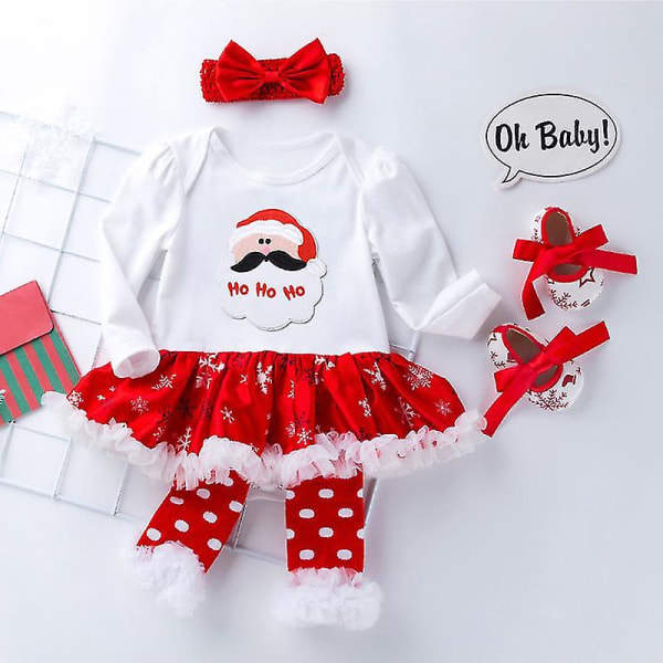 4 stk./sæt Nyfødt Baby Pige Julekjole Outfit Hårbånd Benvarmere Sko Sæt M 3-6 Måneder Juletræ Christmas Tree M 3-6 Months