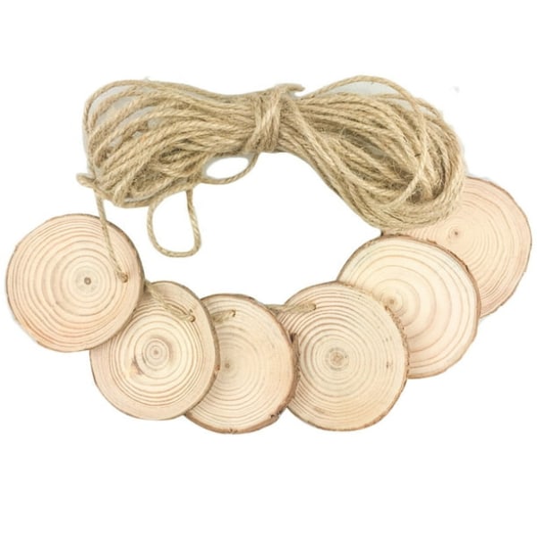 50pcs Round Natural Wood Slices Unfinished Predrilled Hole Wooden Circles Christmas Wedding Ornaments Discs with Rope