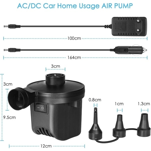 /Ryi/ Elektrisk pumpe, luftpumpe inflator/deflator med 3 dyser, elektrisk pumpe til madras, campingpude, vandmadras, båd, badering