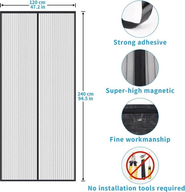 Magnetisk fluenetdør med automatisk lukning til balkon og terrasse, sort, 120 x 240 cm