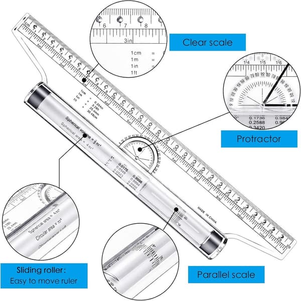 Rullende Parallel Lineal 30 cm, Klar Plast Multifunktionel Målelineal med Vinkelmåler til Tegning, Kunstnere Studerende Designere