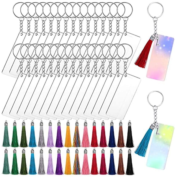 Rektangulära Akrylnyckelbricka Blanks med Nyckelringsringar, Tofs och Små Ringar
