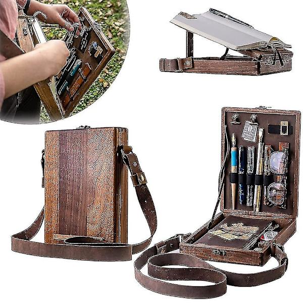 A5 Messenger-stil Dokumentmappe Multifunksjonell Kunstnerverktøy Og Pensel Oppbevaringsboks Skribent Messenger Treboks 1 - Brun