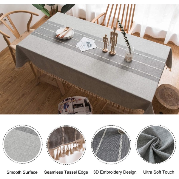 Puuvillainen ja pellavainen pöytäliina brodeerattu pomponeilla, suorakaiteen muotoinen pöytäliina, sohvapöydän cover , harmaa, 140*200 CM