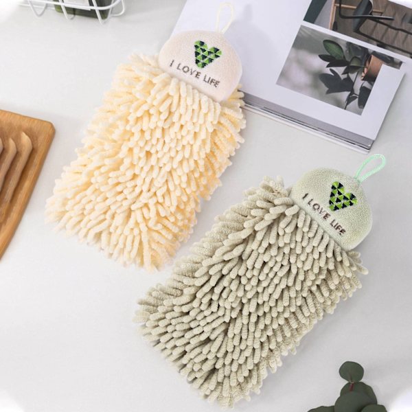 2 stk håndklær hengende fuzzy ball håndklær chenille håndklær for bad håndklær med hengeløkker beige og lysegrønn