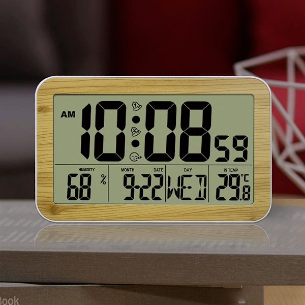 1 stk Trækorn Digital Vægur Skrivebordsur med Temperatur og Dato Træ Digital Alarmur Digital Kalender Alarmur