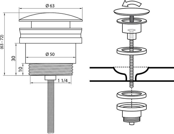 Differnz Design Messing Afløbsprop med Prop til Badeværelsesvask, Drej for at Lukke, Nem Skrueinstallation, Mat Hvid, 63 mm Diameter