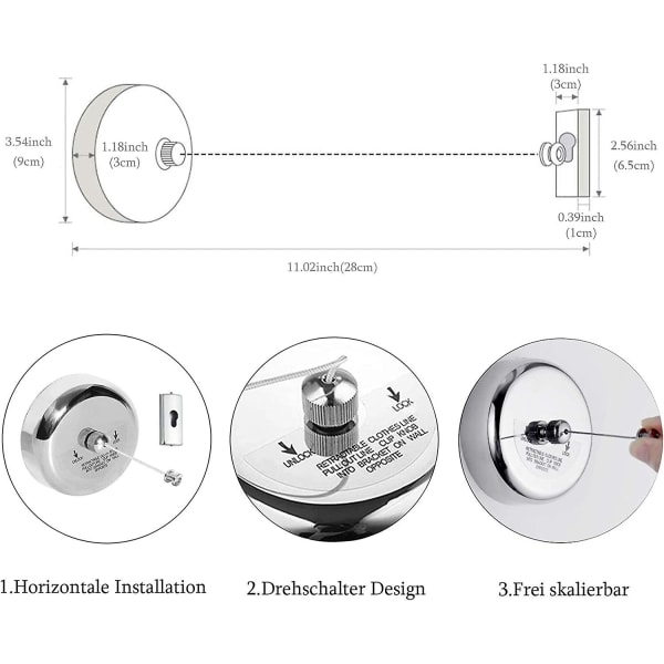 Veggmontert Rund Usynlig Tøyline Justerbar Tau Polert Stål Justerbar Tøyline Inntrekkbar Klesline Hotelstil Inntrekkbar Klær