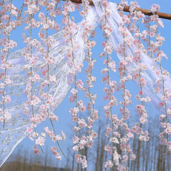 Kunstig kirsebærblomstring krans hengende vintreet silke krans bryllupsdekor (pakke med 2, rosa)