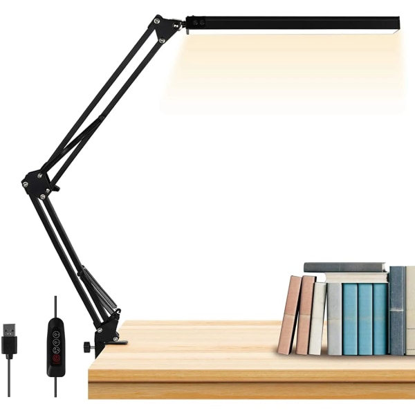 LED-bordslampa, Skrivbordslampa med justerbar svängarm med klämma, dimbar skrivbordslampa Eye-Care-bordslampa, minnesfunktion, 3 färglägen, 9-nivåers ljusstyrka T