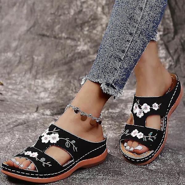 Nahka-kukkakirjailtu Vintage Casual Pehmeä Jalkatuki Ortopediset Kaari-tuetut Sandaalit, punainen, 36