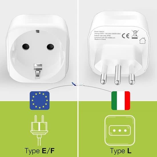BSTNL Typ L Reseadapter 2-pack, Brandsäker Pluggadapter för Italien Chile Syrien, Passar Typ C Euro och Schuko-kontakter, Vit