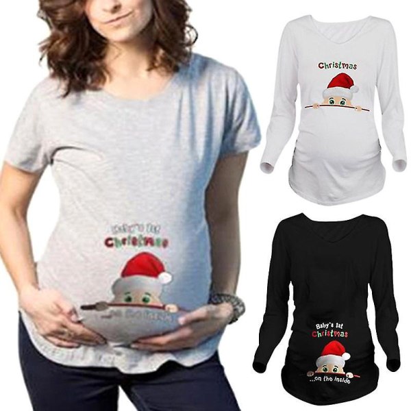 Gravid T-shirt med Rund Halsudskæring og Julemandstryk - Åndbar - Sort Langærmet til Julefest Black Long Sleeves l