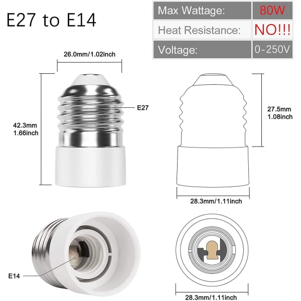 5x E27 til E14 Sokkelomformer, Adapteromformer, Lampebase, Lampekontakt Adapter, Lampeadapter for LED-lamper og pærer og CFL