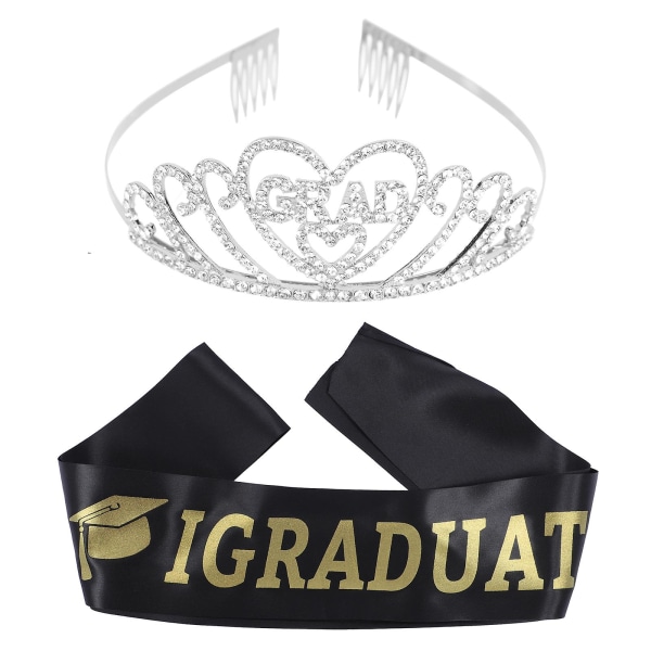 Graduation Sash and Tiara Crystal Crown With Satin Sash Kit Graduate Accessories Black160x9,5cm Black 160x9.5cm