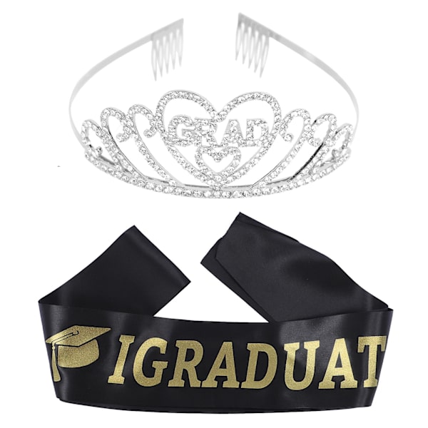 Valmistujaisnauha ja tiara -kristallikruunu satiininauhapakkauksella - Valmistujaisvarusteet - Musta 160x9.5cm Black 160x9.5cm