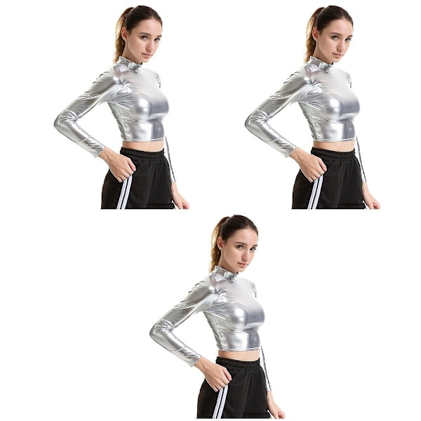 3-delad Silver Sexy Solid Color Bustier Patent Leather Performance Kostym Långärmad Kläder för Cosplay 3pcs S