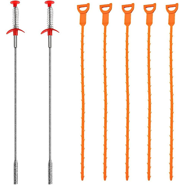 Sæt af 7 Ildflugt-Propper, 20 Tommer / 60cm Aftræksrensere Hårrensningsværktøjer, 2 Rustfrit Stål og 5 Plastik