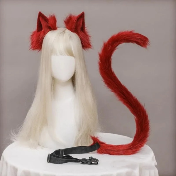 Cat Ears and Tail Set Cosplay kostym Fox Tail för Halloween (Cat Ear/Tail-vinröd)