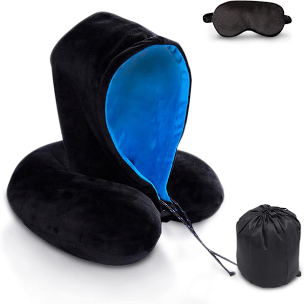 Bärbar Resekudde i Memory Foam med Högt Stöd och Huvtröja, U-formad Nackkudde för Flygplan 80_xrzi Sky blue