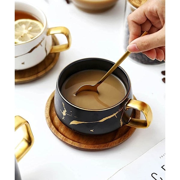 2 stk. tekop og underkop sæt, porcelæn espresso kaffekop sæt, med underkop og ske, keramiske krus sort, 300 ml
