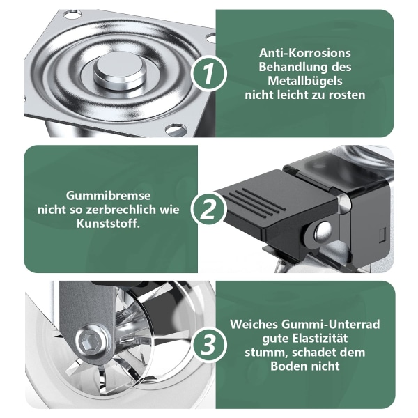 Svingbare hjul, Møbelhjul, Tunge hjul, Møbelhjuldiameter: 50 mm, gjennomsiktig, 2 med brems + 2 uten brems