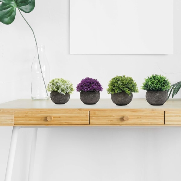 Multifarvede Mini Kunstige Planter (4 Sæt) - (12 x 8,5 cm) Indeholder 2 typer grønne, 1 type hvid og 1 type lilla små kunstige planter