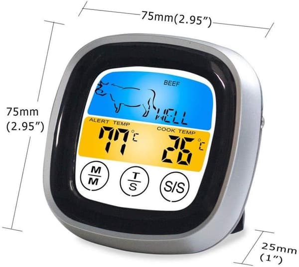 Digital kötttermometer med lång vattentät sond, stor LCD-pekskärm med bakgrundsbelysning, timer, för ugn, grill och bakning