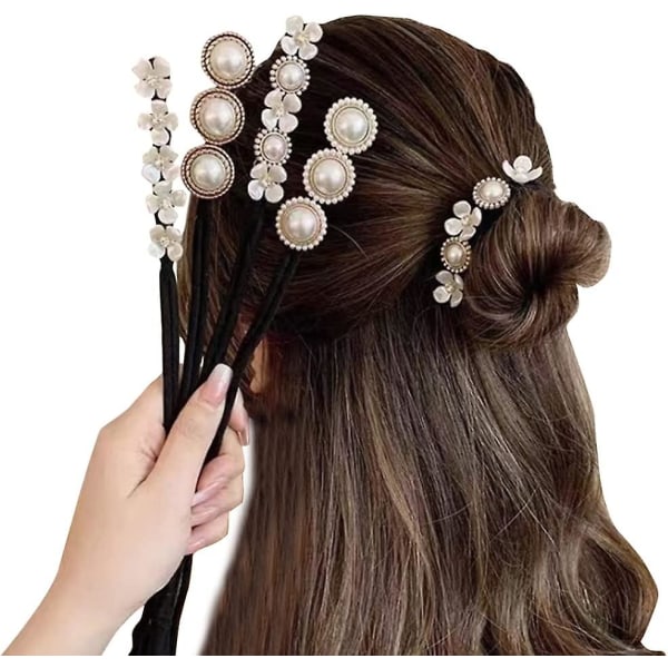 Magic Hair Bun Maker koristeltu helmillä ja pienillä kukuilla Nopea ja helppo donitsinumpun tekonumpunmuovaaja hiuskierre hiusmuotoilutyökalu hiustarvike(