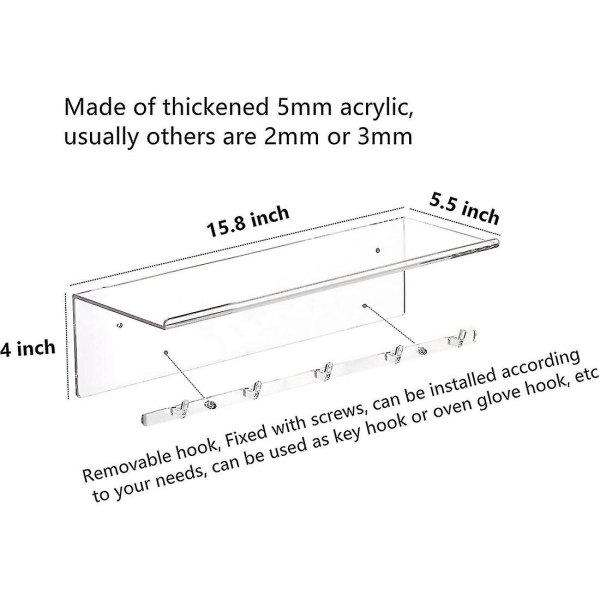 Klare flytende hyller med LED-belysning, 2 stk. dekorative vegglagringshyller med avtakbar håndklekrok