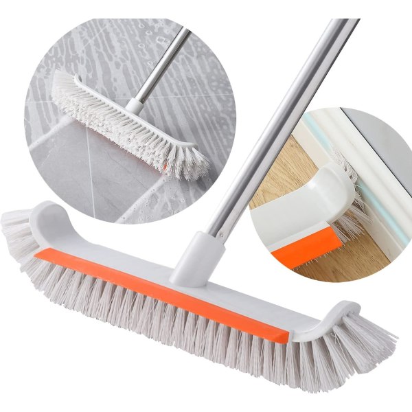 Hard Floor Brush With Squeegee, Tile Cleaning Brushes, 36cm Brushing Area, 130cm Long Stainless Steel Handle For Cleaning Kitchens, Bathrooms, Tiles,