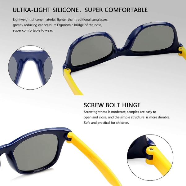 45 millimeter mörkblå/gul barn polariserade solglasögon Tpee gummi flexibel båge för pojkar flickor