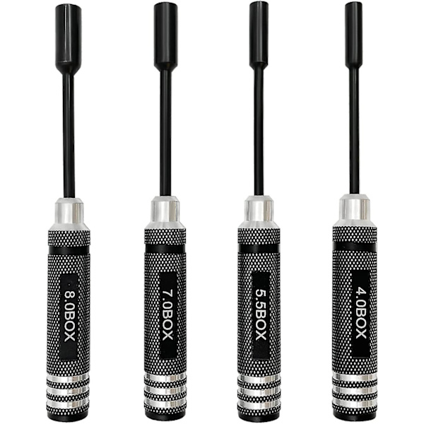 4 stk. RC Metal Hex Sokkel Nøglesæt - 4mm, 5,5mm, 7mm, 8mm - 80213 Værktøjssæt til Buggy, Truck, RC Bil (sort)