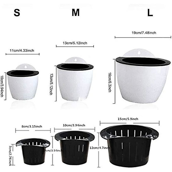 Sett med 3 hengende blomsterpotter i plast, automatisk vannabsorpsjon, hengende plantepotter, blomsterbalkong, gjerde, hjemmekontor, hagepynt