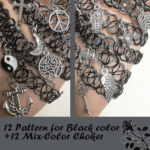 Tattoo Choker, 24 stk. Choker Halskæde Sæt Henna Tattoo Stretch Elastisk Choker