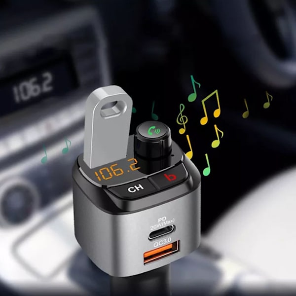 Bluetooth FM-sender for bil, støtter QC3.0, 20W trådløs Bluetooth radio billader mottaker MP3 lyd musikkspiller FM-sender