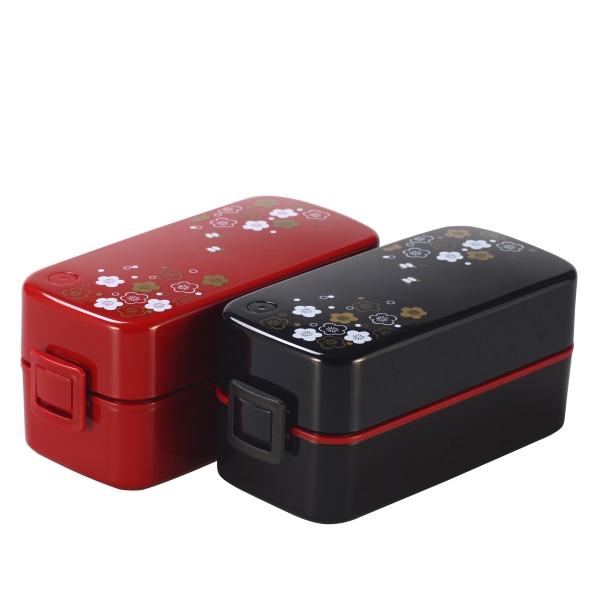 2-lags firkant med risboldpresse og Bento-pose, Bento-madkasse med dobbelt rum, sort og rød, pakke med 2