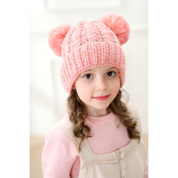 Tyttöjen neulottu beanie-pipo vauvalle, talvipipo, söpö vauvan pompom-pipo tytöille ja pojille, paksu ja lämmin taaperopipo, 1-5 vuotta, 1 kpl (vaaleanpunainen)
